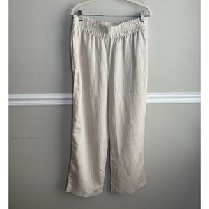 H&M Womens Beige Linen Blend Pull On‎ Wide Leg Pants Sz L Elastic Waist Resort